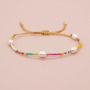 Womens Rainbow Seed Bead Freshwater Pearl Adjustable Cord Bracelet Gold Accents